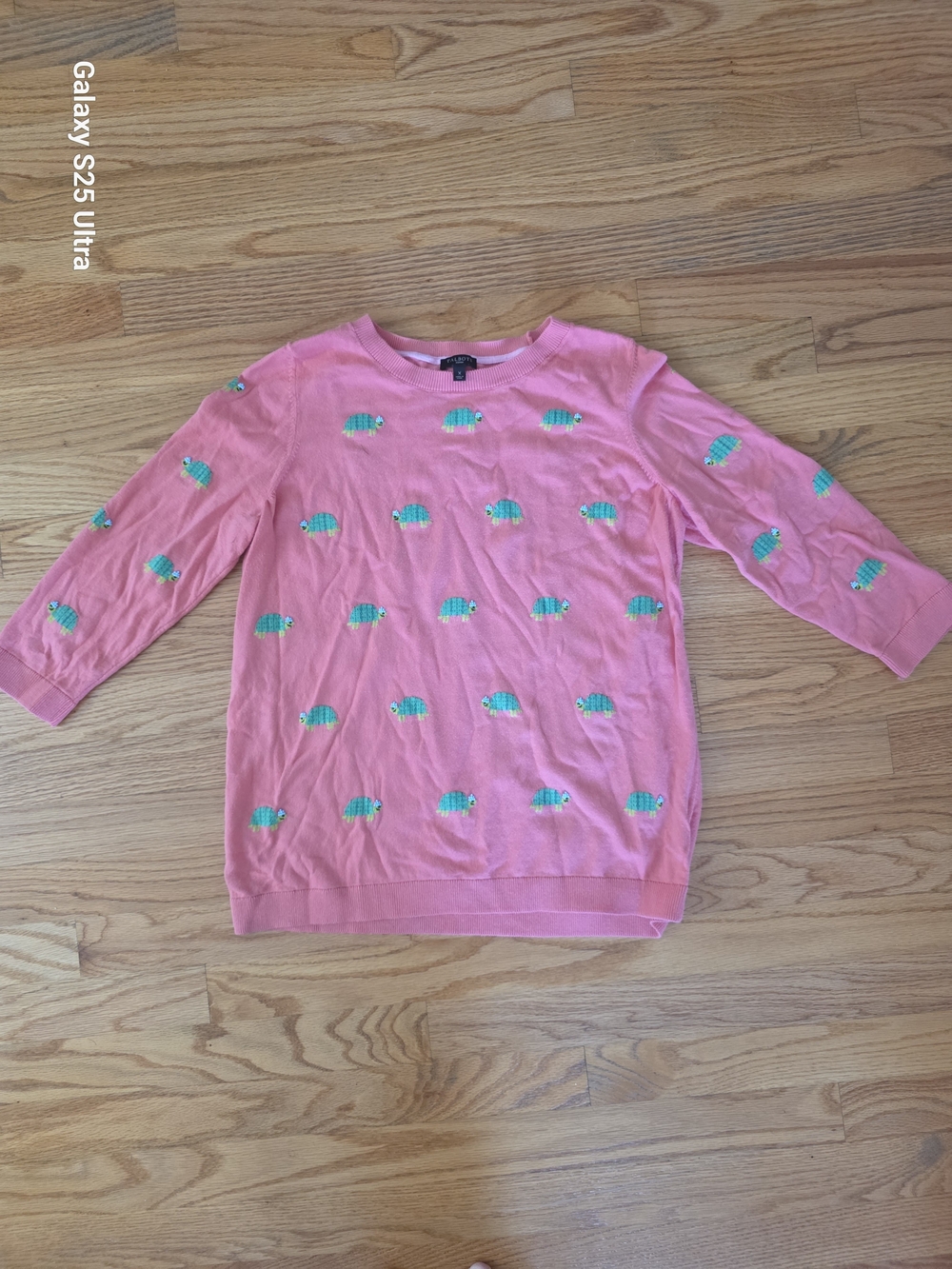 Talbots Pink Knit Sweater with Teal Turtle Embroidery